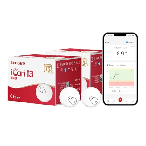 Sinocare Sensor Glucose 15 Días, Monitor Glucosa Continuos, Sensor Glucose, Sin Escaneo, Sin Punción Dedo, iCan i3 CGM (Paquete de 2)