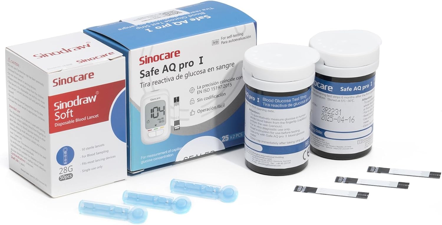 sinocare Tiras de Glucosa pour Meddior de Glucosa Safe AQ Pro, Fecha de Caducidad Fresca con 50 Tiras y 50 Lancetas en mg/dL