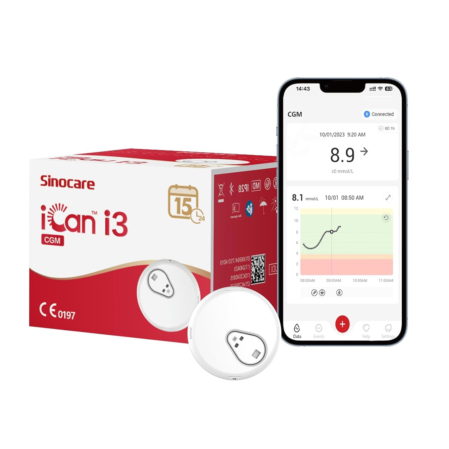 Sinocare Sensor Glucose 15 Días, Monitor Glucosa Continuos, Sensor Glucose, Sin Escaneo, Sin Punción Dedo, iCan i3 (Paquete de 1)