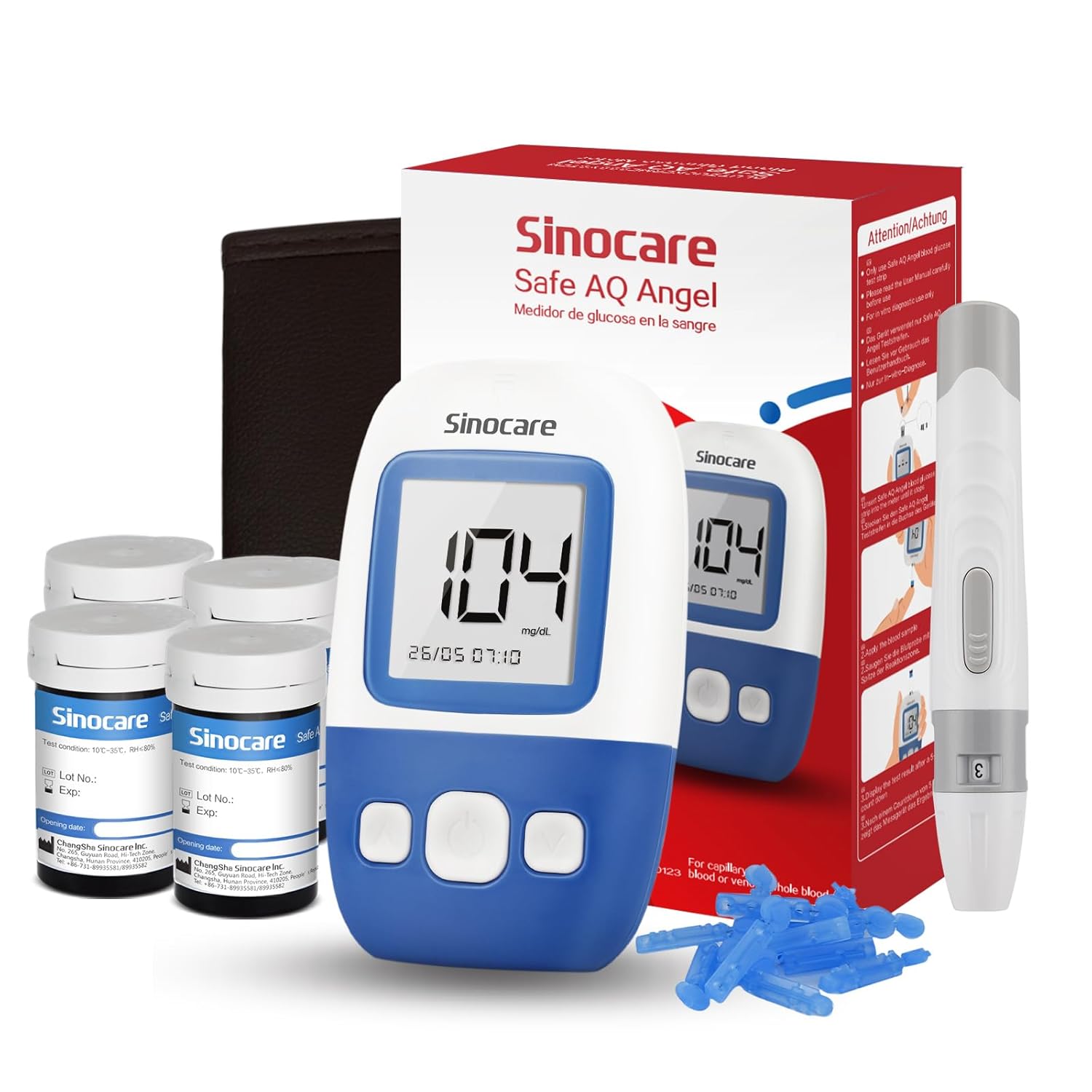 Sinocare Medidor Glucosa en Sangre, Glucómetro,100 x Tiras Prueba Glucosa en Sangre y Dispositivo Punción - mg/dL?Safe AQ Angel?