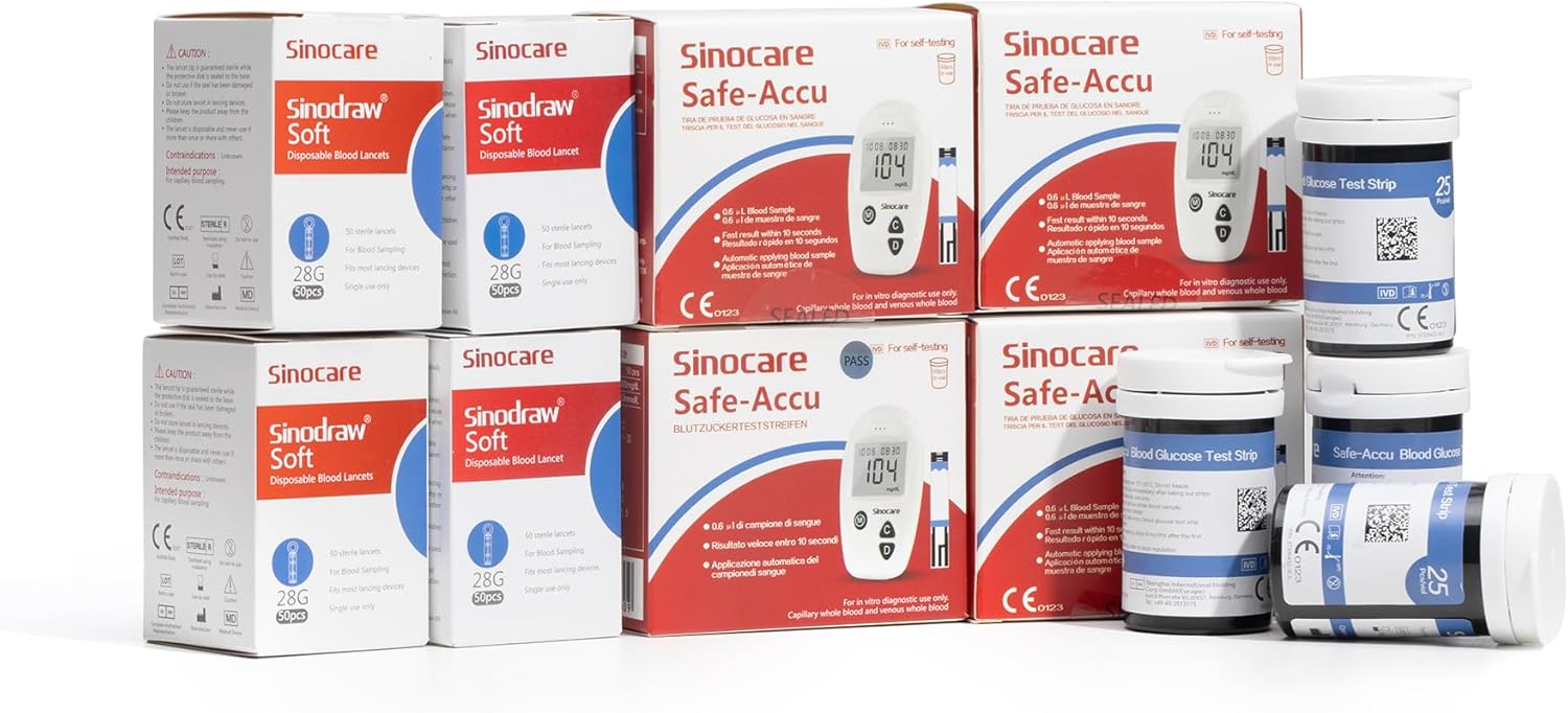 Tiras reactivas para medir el azúcar en sangre sinocare, 200 unidades, tiras para diabetes Safe-Accu, sin dispositivos de punción, solo aptas para el monitor de glucosa en sangre Safe-Accu, sin código