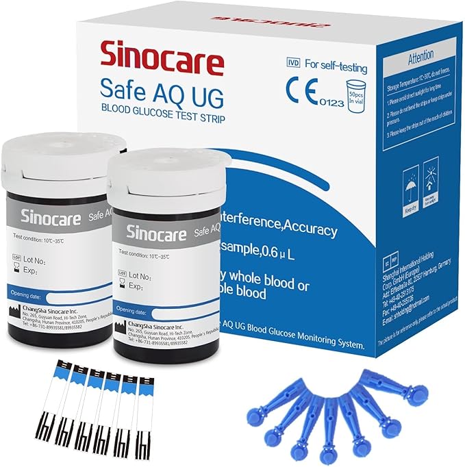 Sinocare Tiras Prueba de Glucosa en Sangre 50 x Tiras Reactivas, Solo para Safe AQ UG Monitor Glucosa Sangre y Ácido Úrico