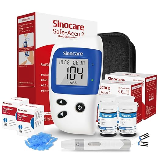 sinocare Medidor Glucosa en Sangre,100 x Kit Prueba Glucosa en Sangre Glucometro Tiras Prueba Dispositivo de Punción, Resultado de Prueba Exacto (Safe-Accu2)