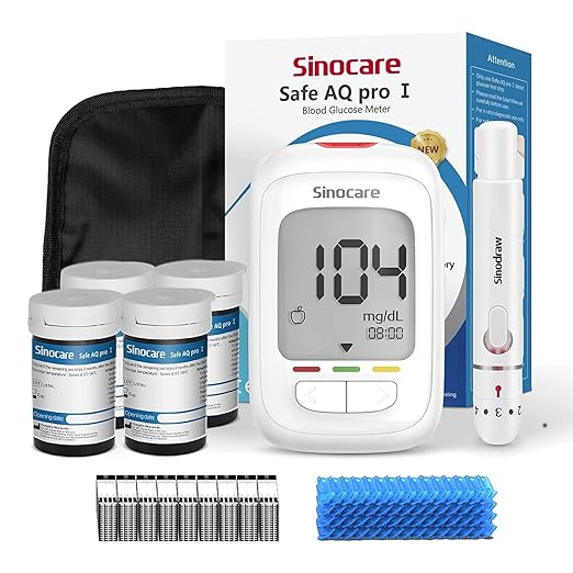 Sinocare Medidor de Glucosa en Sangre, 100 Tiras Dispositivo de Punción, Resultados Precisos (Safe AQ Pro I)