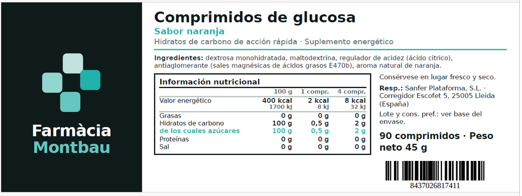 Etiqueta de comprimidos de glucosa sabor naranja de Farmacia Montbau, 90 comprimidos