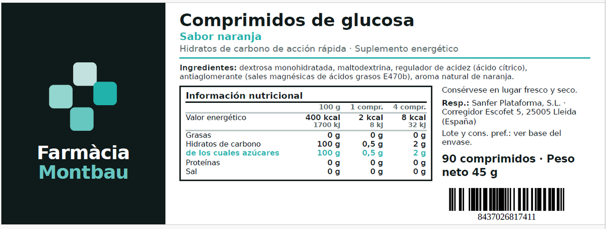 Etiqueta de comprimidos de glucosa sabor naranja de Farmacia Montbau, 90 comprimidos
