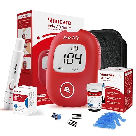 Sinocare Glucometro Medidor Glucosa en Sangre, Kit Prueba Glucosa en Sangre 25 x Tiras Prueba Glucosa en Sangre y Dispositivo Punción mg/dL (Safe AQ Smart)