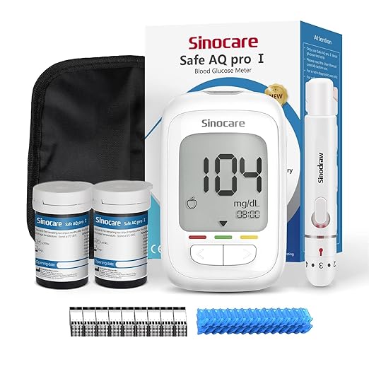 Glucometro Sinocare Safe AQ Pro I, Medidor de Glucosa en Sangre 50 Kit, Rápido y Preciso Kit de Prueba con Electrodo de Plata Actualizado y 500 memorias
