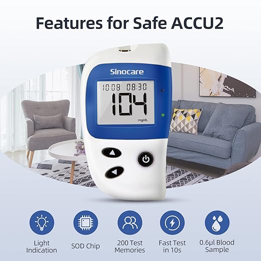 sinocare Medidor de Glucosa en Sangre, Glucometro, Kit Medidor Azucar Sangre con 100 x Tiras de Prueba de Glucosa - mg/dL (accu2 100 kit)